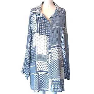 Johnny Was Rinit Blue Silk Blouse Size L